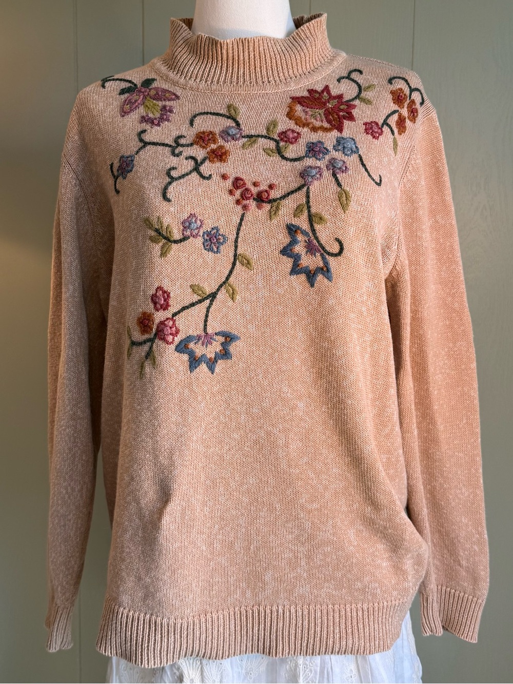 Alfred Dunner Vintage Embroidered Sweater Heathered Tan Floral Pattern Fall - Picture 6 of 13